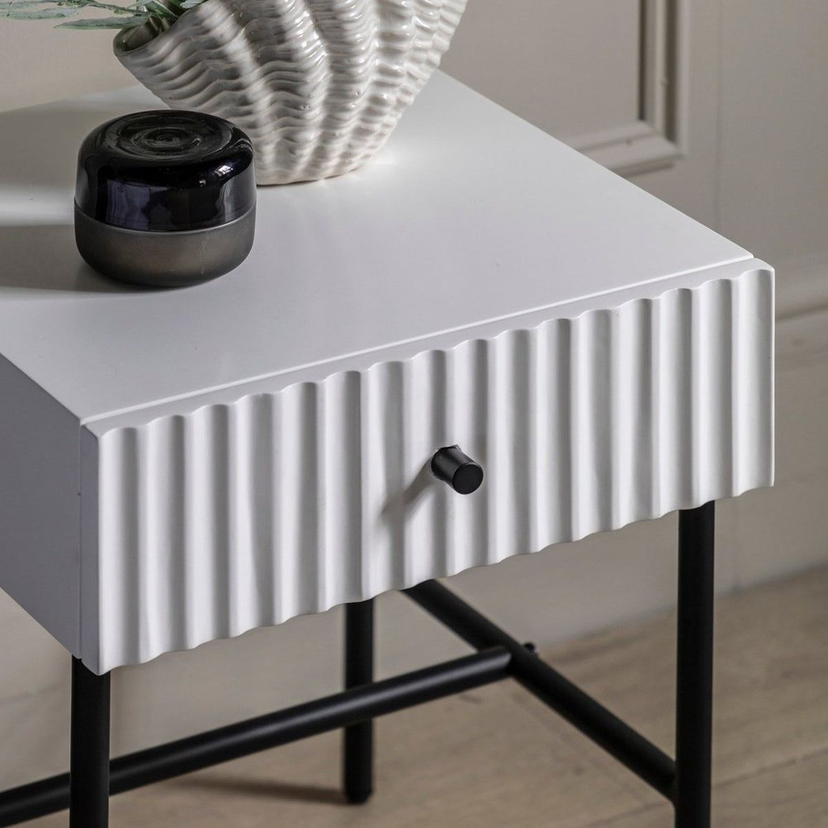 Product photograph of Gallery Interiors Denton 1 Drawer Bedside In White from Olivia's.