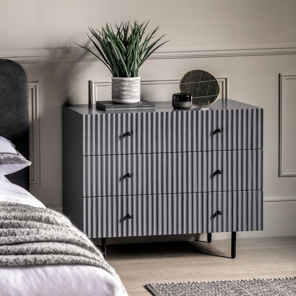Product photograph of Gallery Interiors Denton 3 Drawer Chest In Grey from Olivia's.