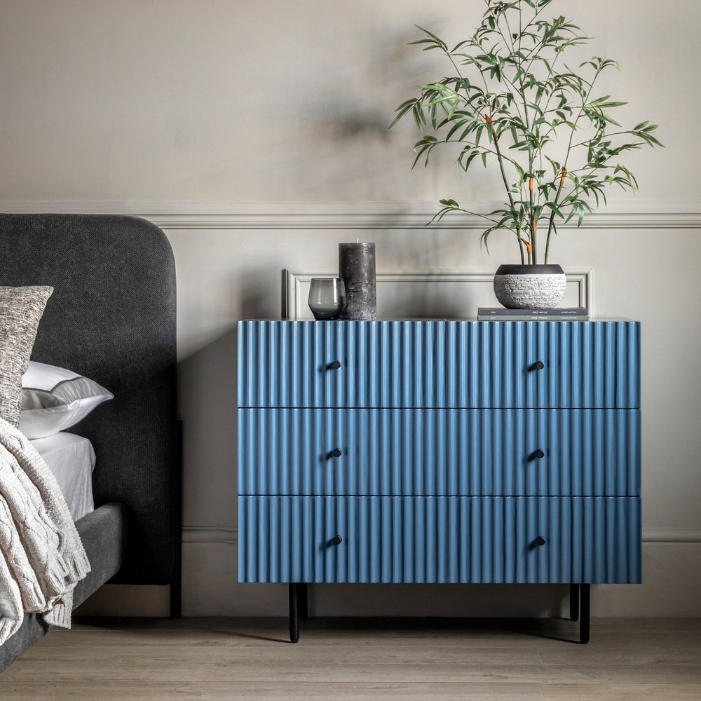 Product photograph of Gallery Interiors Denton 3 Drawer Chest In Blue from Olivia's.