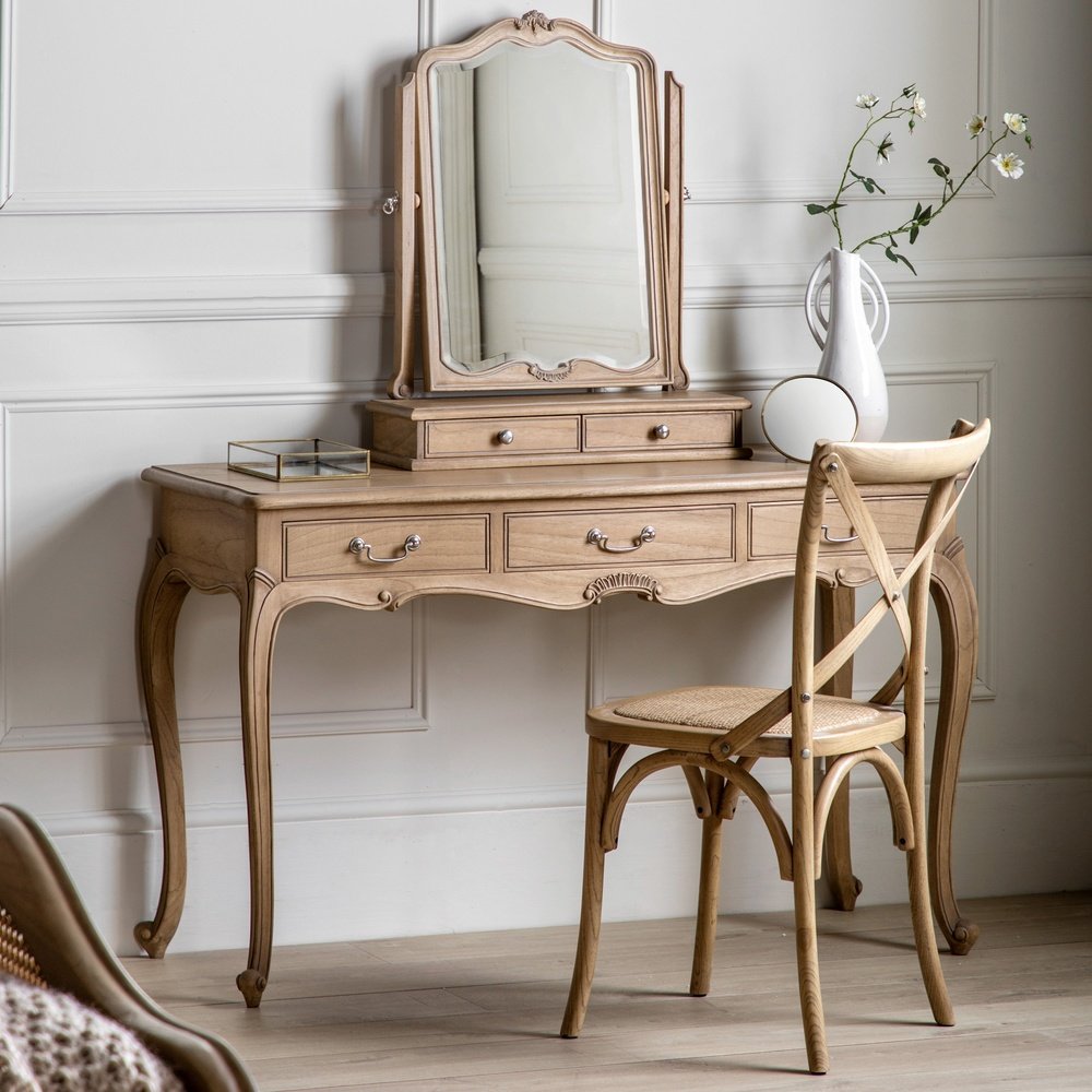 Product photograph of Gallery Interiors Chic Dressing Table In Weathered Wood from Olivia's.