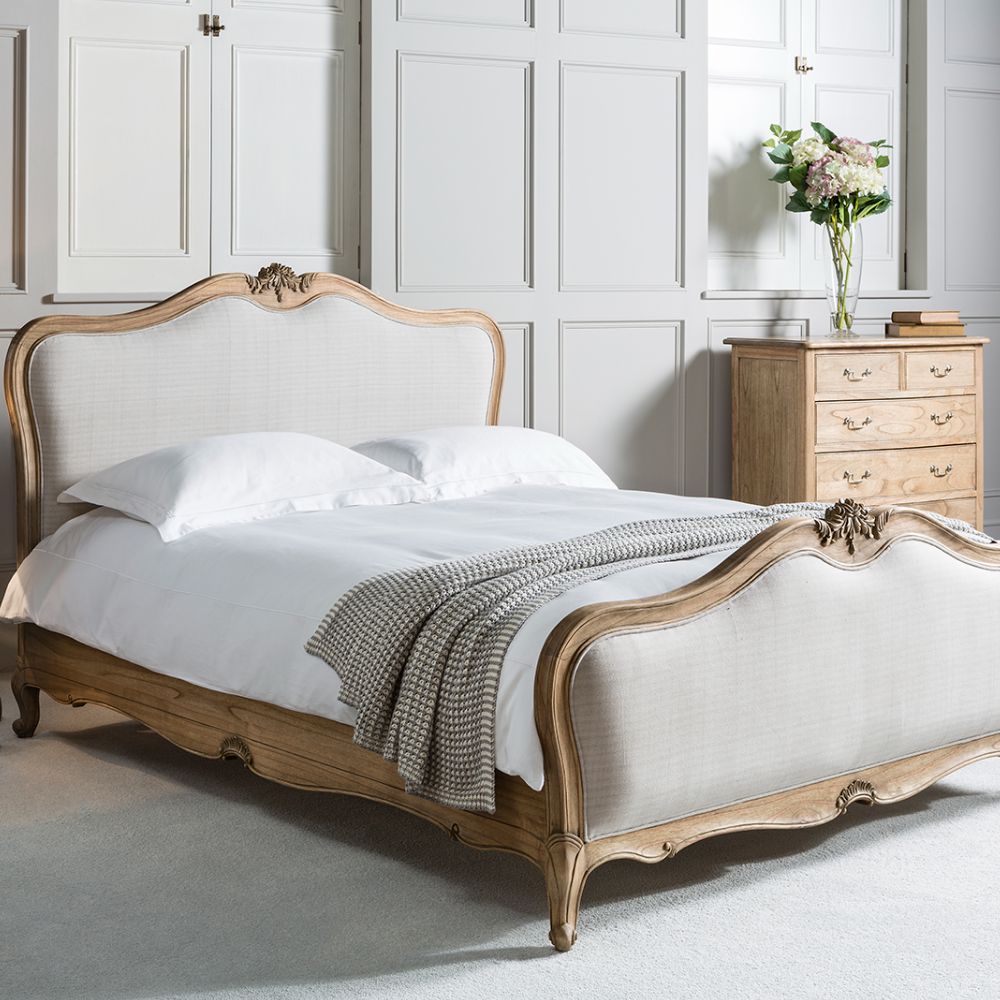 Product photograph of Gallery Interiors Chic Super King Linen Upholstered Bed In Weathered Wood from Olivia's.