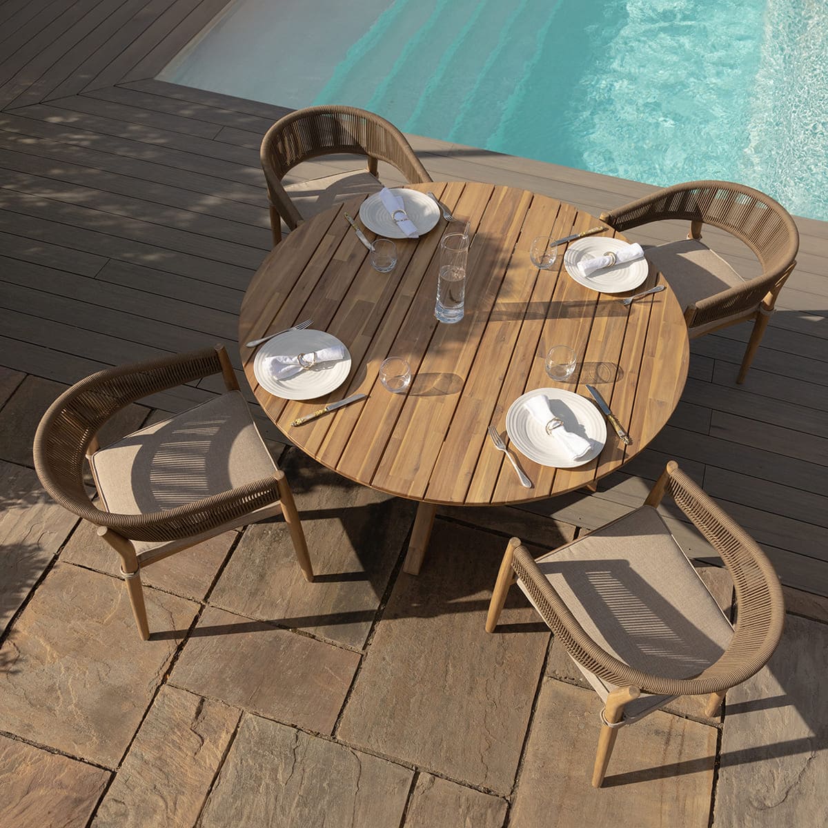 Product photograph of Maze Outdoor Porto Rope Weave 4 Seater Round Dining Set In Sandstone from Olivia's.
