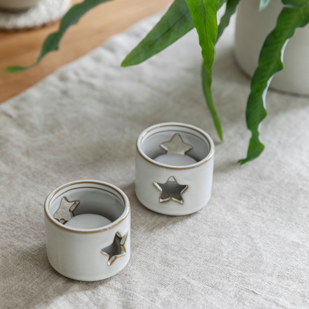 Product photograph of Garden Trading Ithaca Set Of 2 White Ceramic Tealight Holders from Olivia's