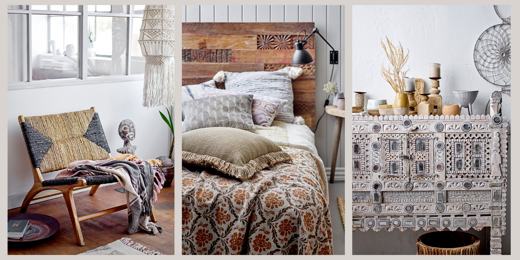 Trio of pictures of Boho Bedroom Furniture and Accessories
