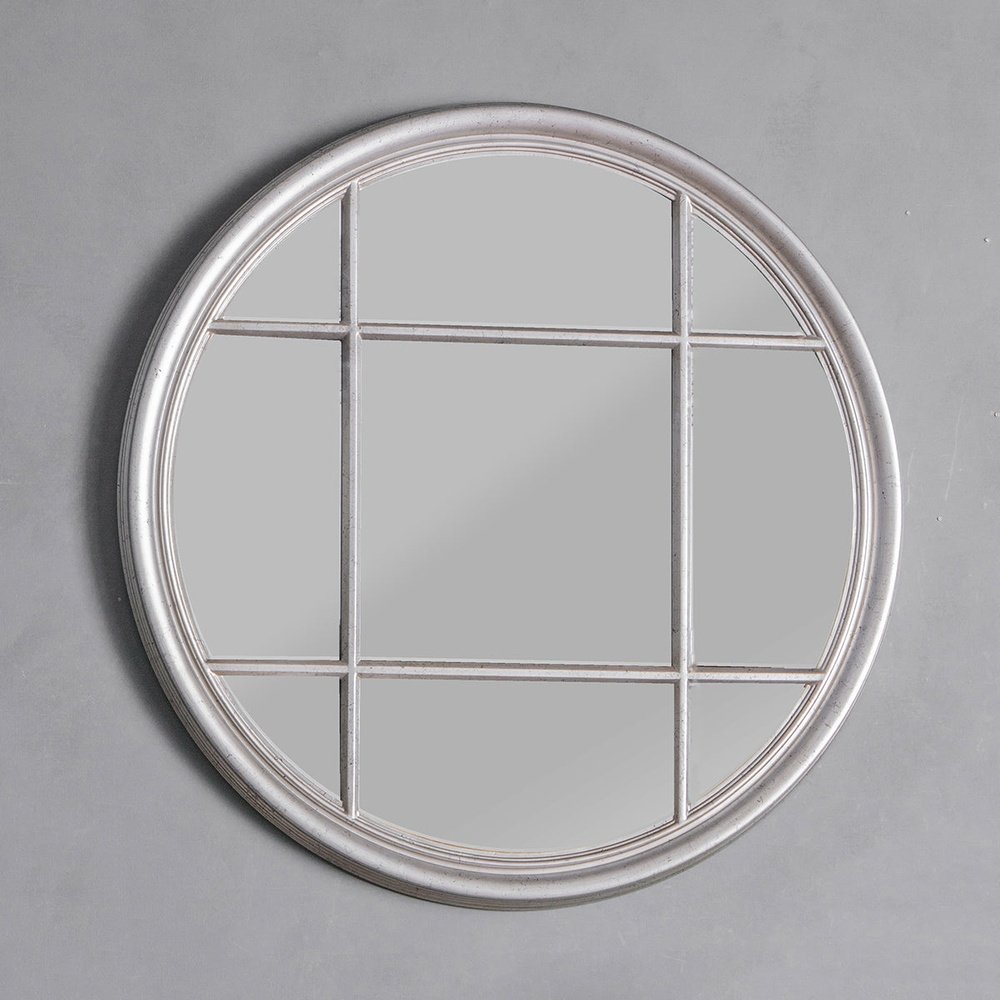 Product photograph of Gallery Interiors Eccleston Window Pane Round Mirror In Silver from Olivia's.