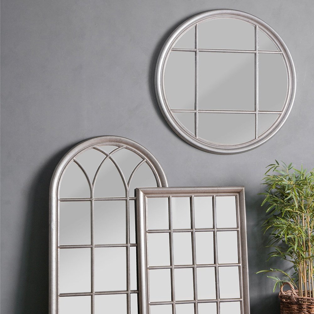 Product photograph of Gallery Interiors Eccleston Window Pane Round Mirror In Silver from Olivia's.