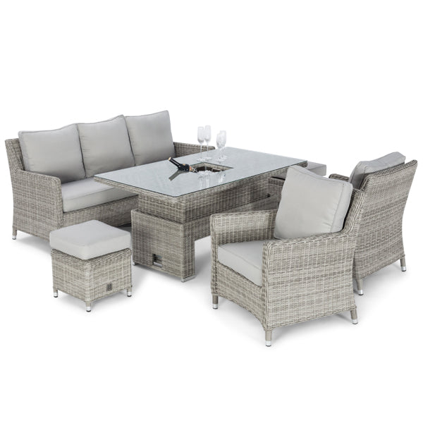 Maze Rattan Oxford Outdoor Sofa Dining Set With Ice Bucket And Rising Table In Light Grey