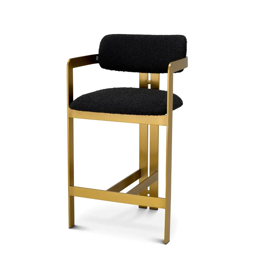 Eichholtz Cliff Brushed Brass Finish Counter Stool in Black Donato Bouclé