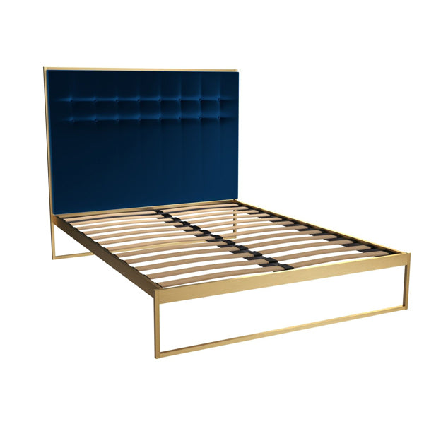 Product photograph of Gillmore Bed Federico Brass Frame Midnight Blue Upholstered Headboard Bed Double from Olivia's.