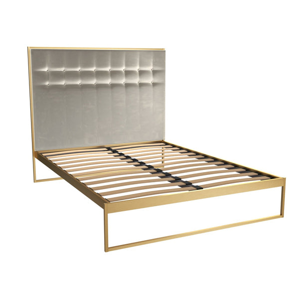 Product photograph of Gillmore Bed Federico Brass Frame Mushroom Upholstered Headboard Bed Double from Olivia's