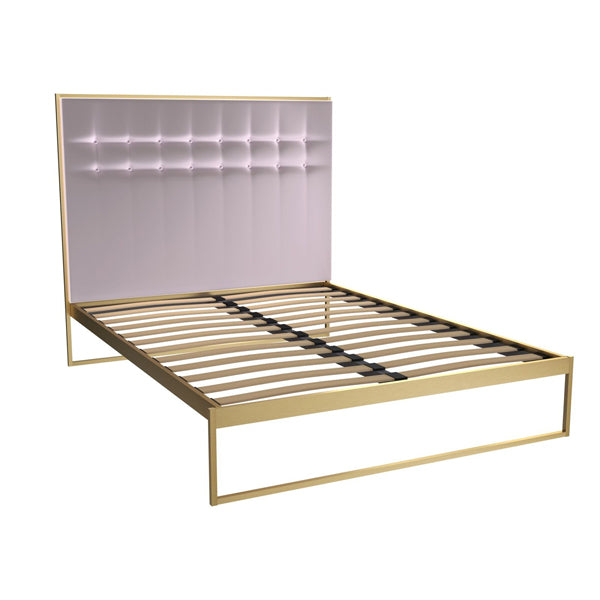 Product photograph of Gillmore Federico Brass Frame Blush Upholstered Headboard Bed Double from Olivia's.