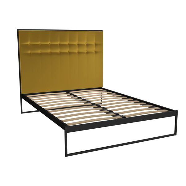 Product photograph of Gillmore Bed Federico Black Frame Mustard Upholstered Headboard Bed King from Olivia's.