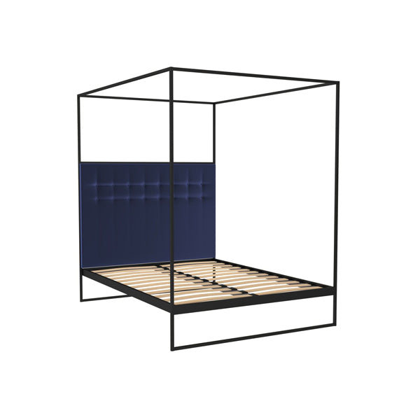 Product photograph of Gillmore Bed Federico Black Frame Canopy Midnight Blue Upholstered Headboard Bed King from Olivia's