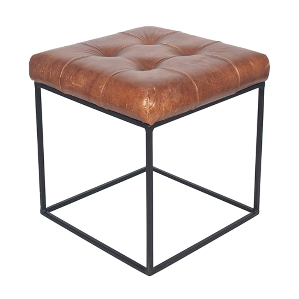 Product photograph of Olivia S Celina Vintage Leather And Iron Buttoned Stool In Brown from Olivia's.