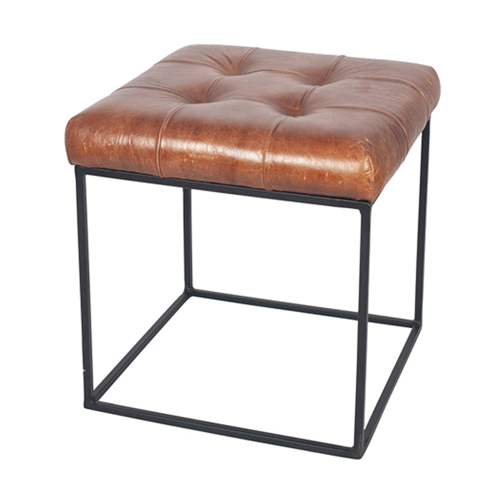 Product photograph of Olivia S Celina Vintage Leather And Iron Buttoned Stool In Brown from Olivia's.