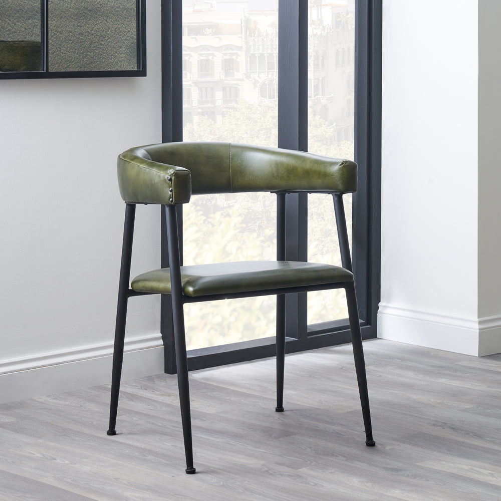 Product photograph of Olivia S Fennel Leather And Iron Curved Dining Chair In Sage Green from Olivia's.