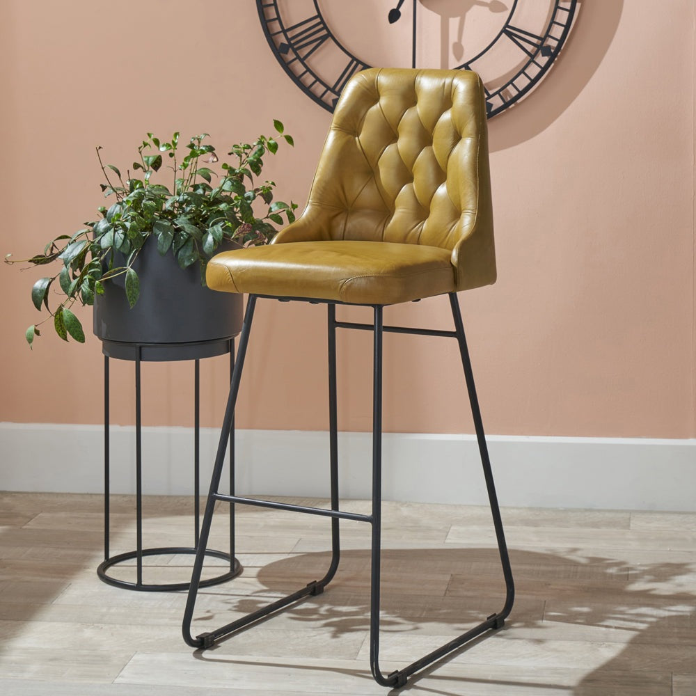 Product photograph of Olivia S Camille Leather And Iron Bar Stool In Mustard from Olivia's.