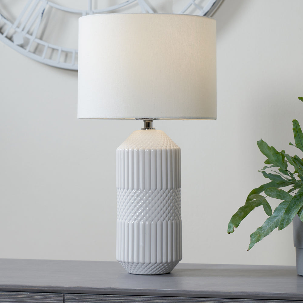 Product photograph of Olivia S Merida Tall Geo Textured Ceramic Table Lamp In White from Olivia's.