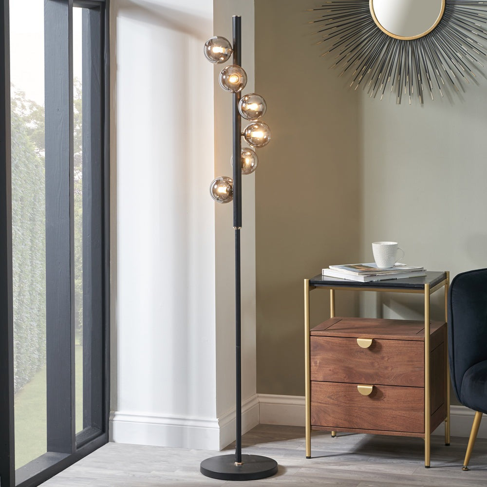 Product photograph of Olivia S Serena Floor Lamp In Smoke Glass And Black Metal from Olivia's.