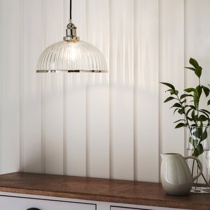 Product photograph of Gallery Interiors Hansen Glass Pendant Light Bright Nickel from Olivia's.