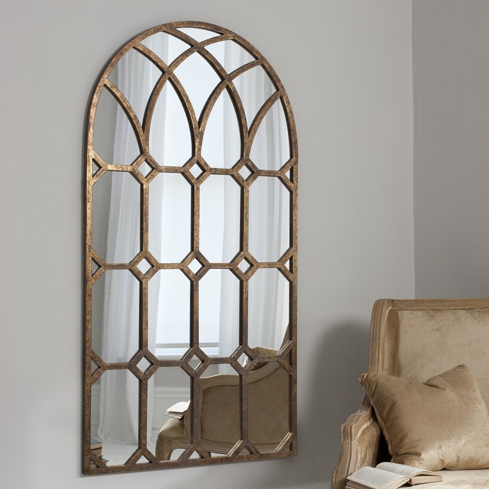 Product photograph of Gallery Interiors Khadra Gold Arched Window Pane Mirror from Olivia's