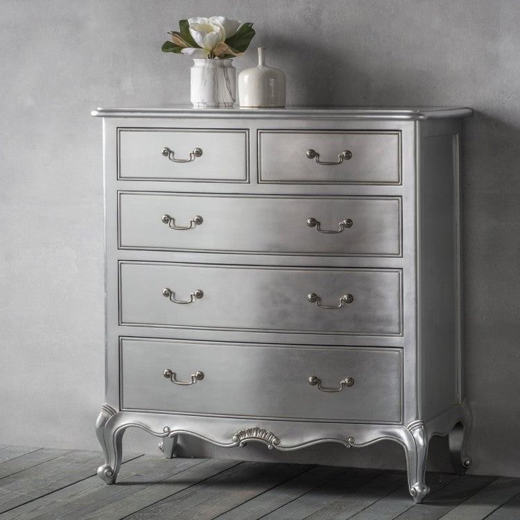 Gallery Interiors Chic 5 Drawer Chest In Silver Discontinued