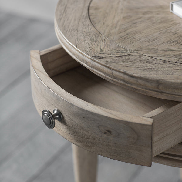 Product photograph of Gallery Interiors Mustique Round 1 Drawer Side Table from Olivia's.