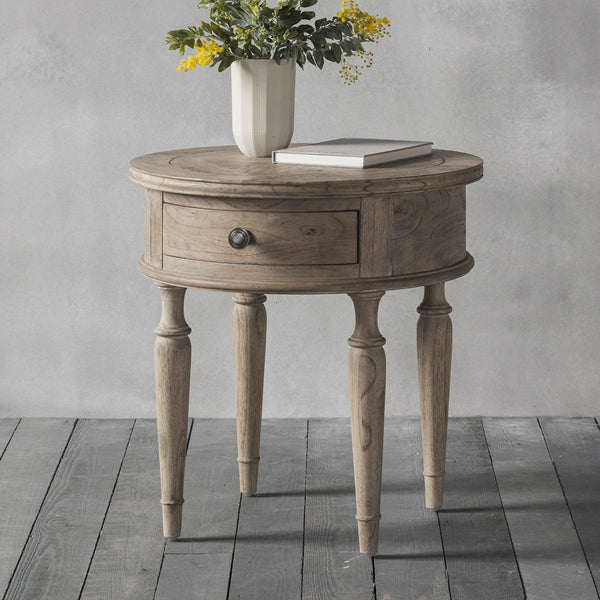 Product photograph of Gallery Interiors Mustique Round 1 Drawer Side Table from Olivia's.