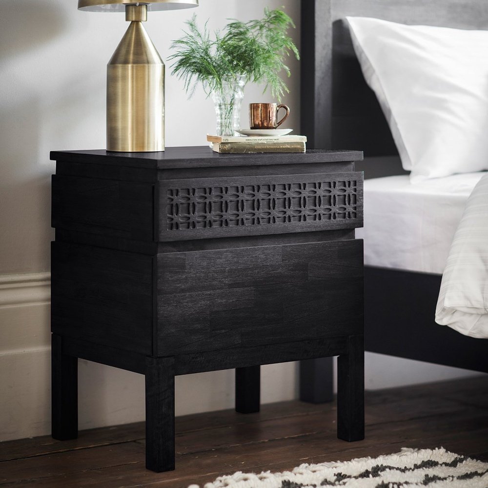 Product photograph of Gallery Interiors 2 Drawer Boho Boutique Bedside Chest In Black from Olivia's.