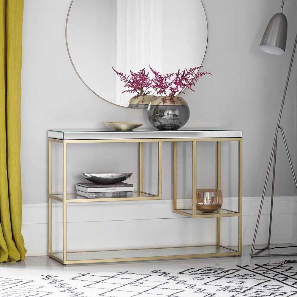 Product photograph of Gallery Interiors Pippard Mirrored Top Console Table In Champagne from Olivia's.