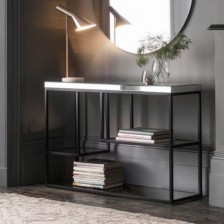 Product photograph of Gallery Interiors Pippard Mirrored Top Console Table In Black from Olivia's.