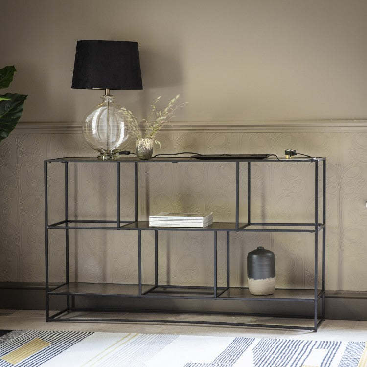 Product photograph of Gallery Interiors Hadston Shelving Unit In Antique Gold from Olivia's
