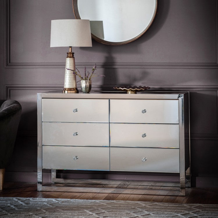Product photograph of Gallery Interiors Cutler 6 Drawer Mirrored Chest from Olivia's.