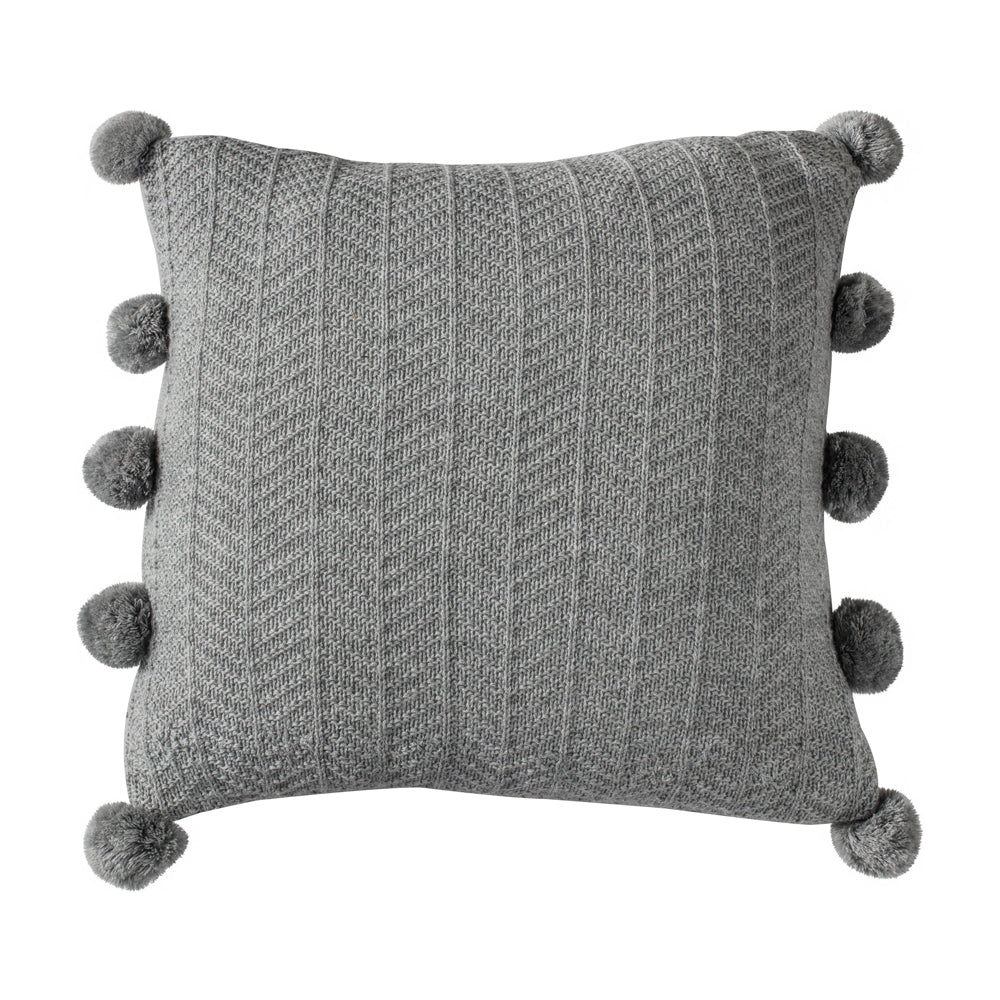 Gallery Interiors Herringbone Pom Pom Cushion In Grey