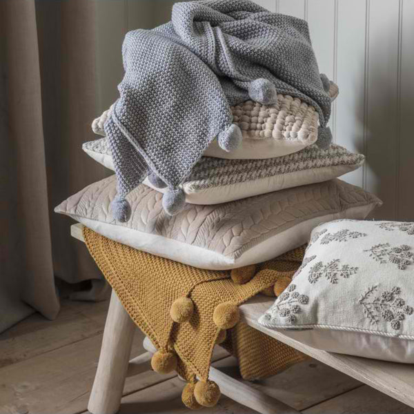Product photograph of Gallery Interiors Moss Stitched Pom Pom Throw In Ochre from Olivia's.