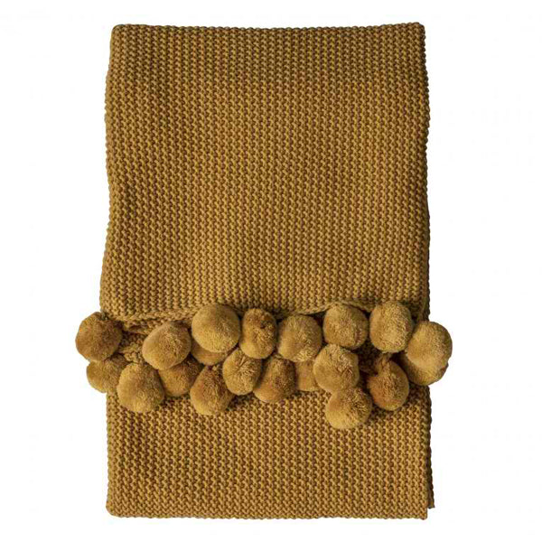 Gallery Direct Moss Stitched Pom Pom Throw In Ochre Outlet