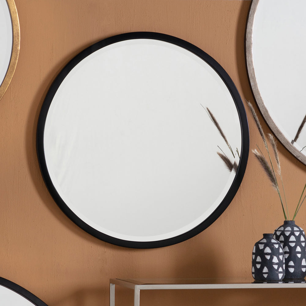 Product photograph of Gallery Interiors Higgins Round Mirror In Black Large from Olivia's.