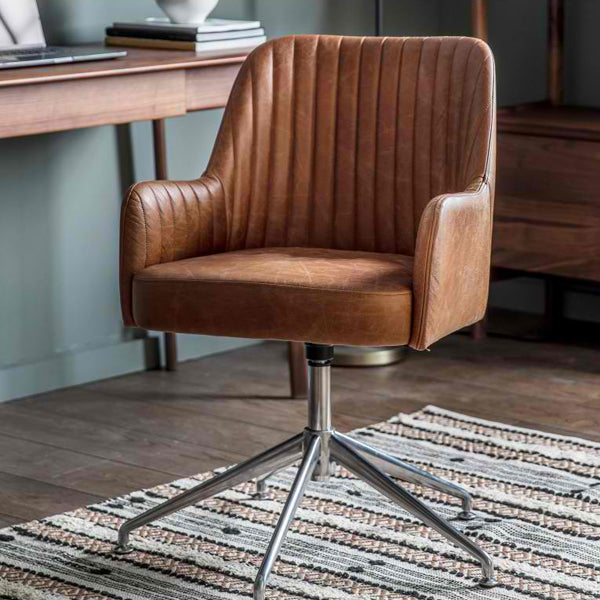 Product photograph of Gallery Interiors Curie Swivel Chair In Vintage Brown Leather Outlet from Olivia's.