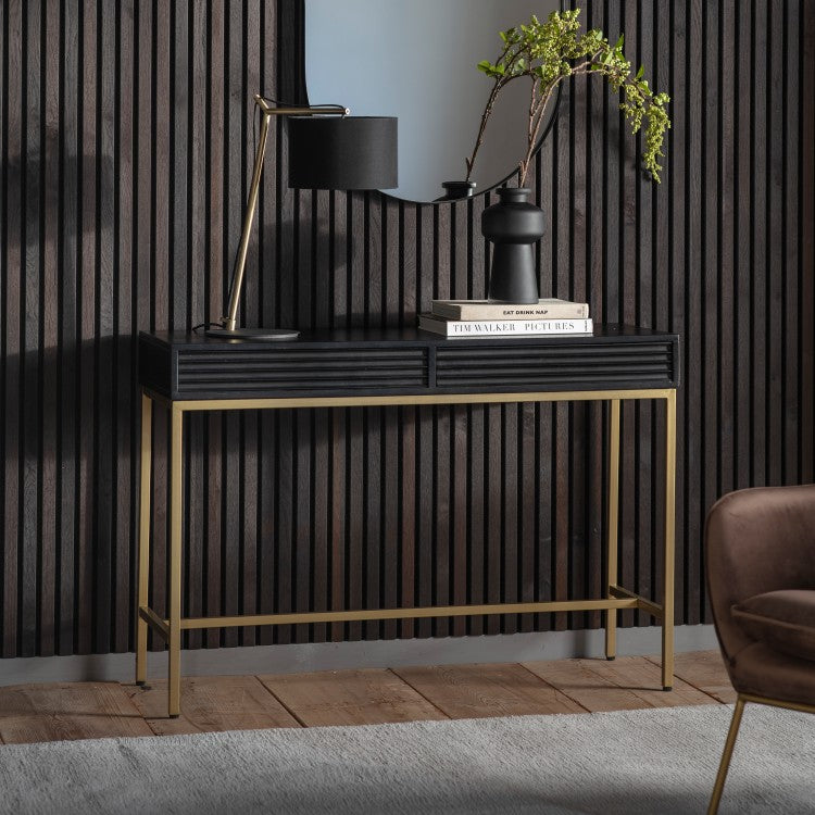 Product photograph of Gallery Interiors Ripple 2 Drawer Black Console Table from Olivia's.