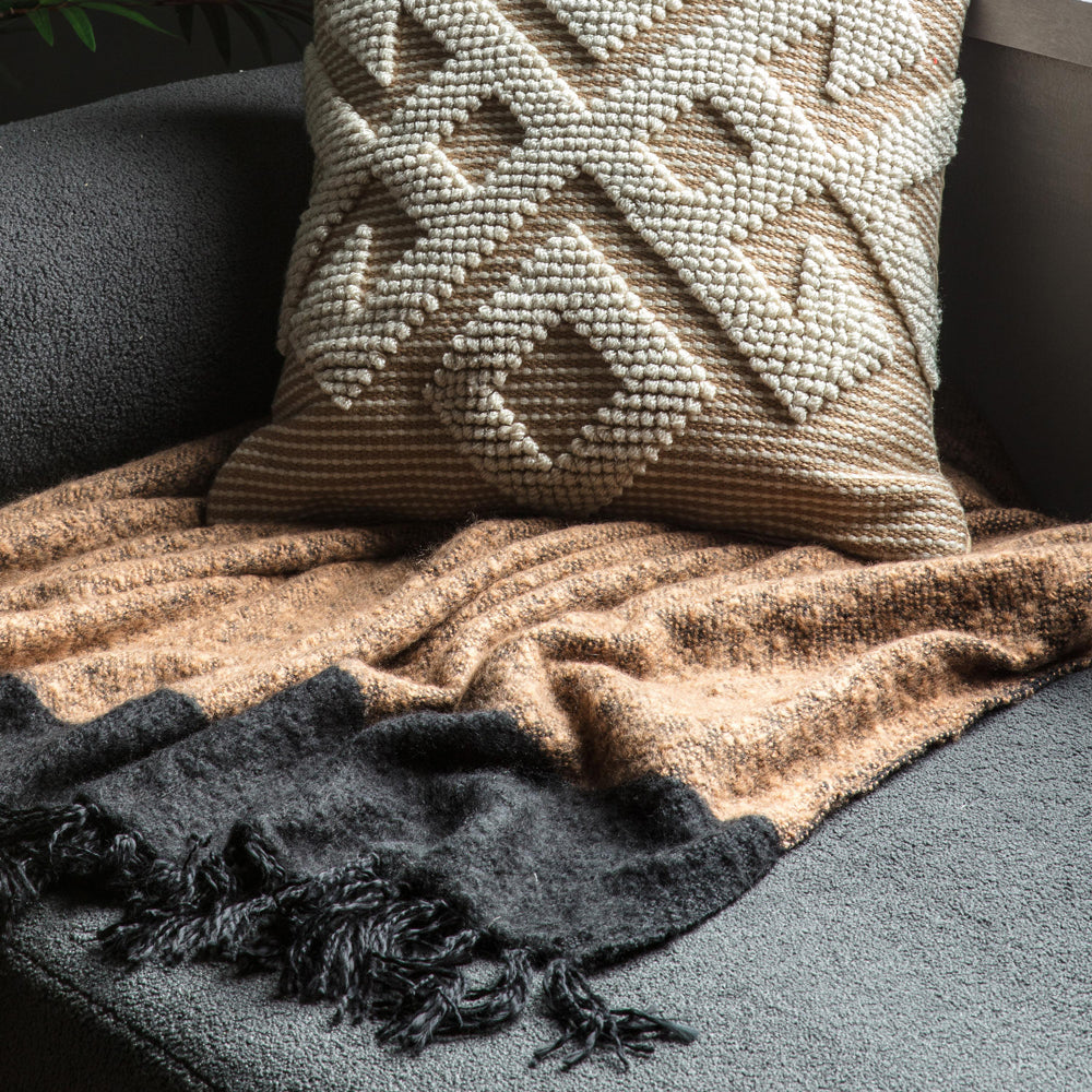 Product photograph of Gallery Interiors Tonal Faux Mohair Throw In Black Camel from Olivia's.