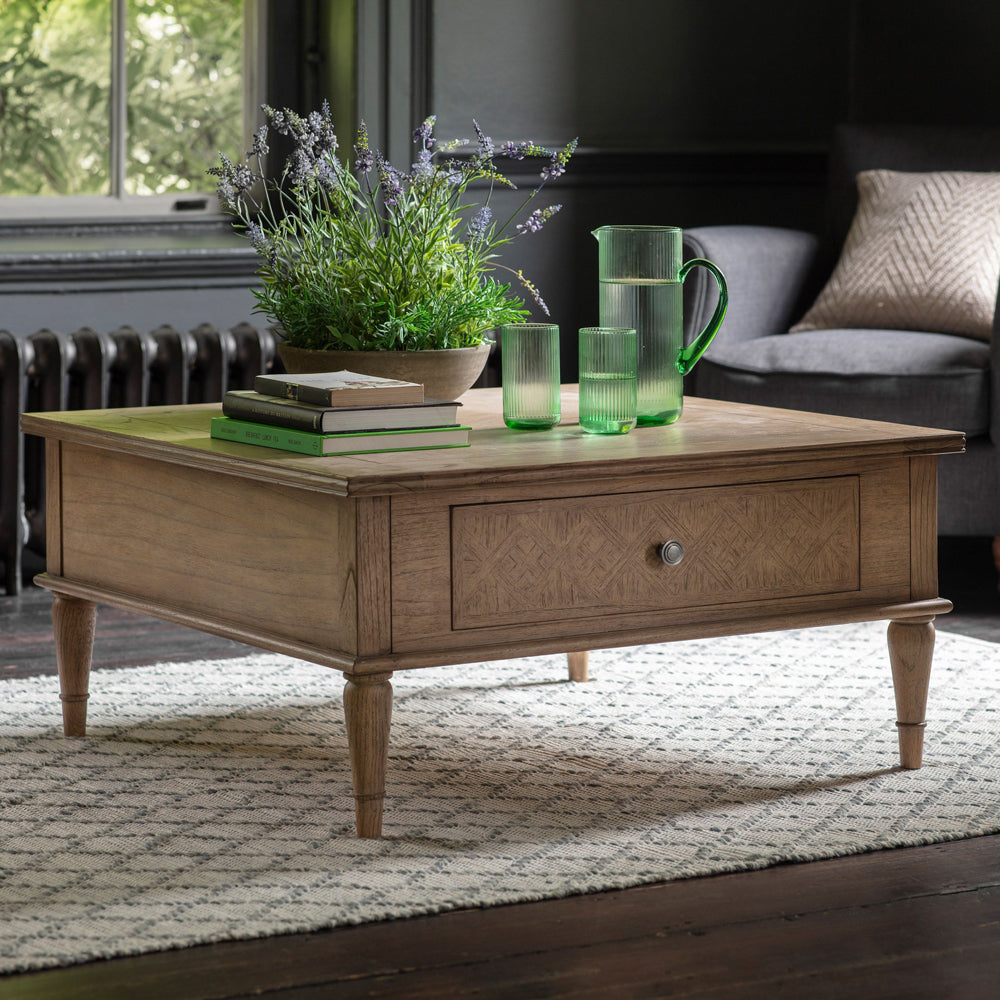 Product photograph of Gallery Interiors Mustique Square 2 Drawer Coffee Table In Natural from Olivia's.