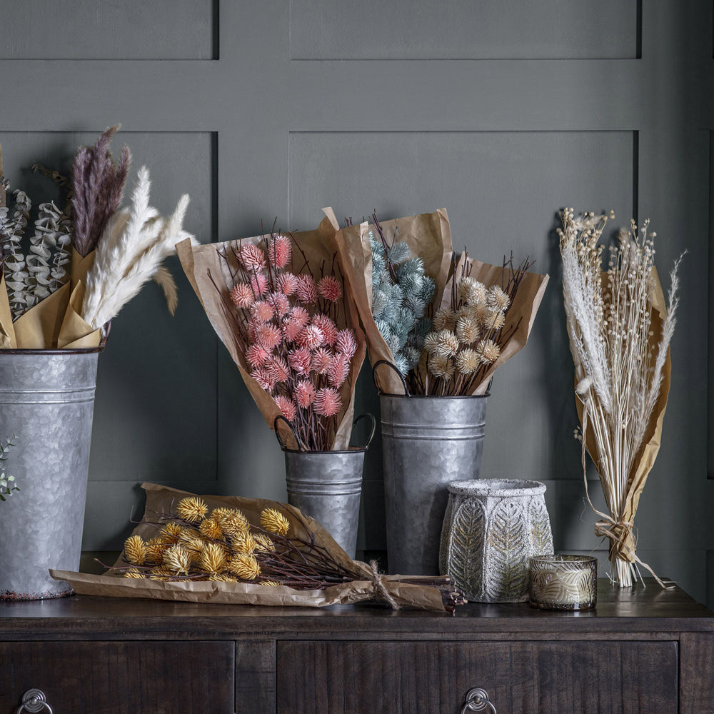 Product photograph of Gallery Interiors Lambert Galvanised Dried Flower Bucket Grey Medium from Olivia's.