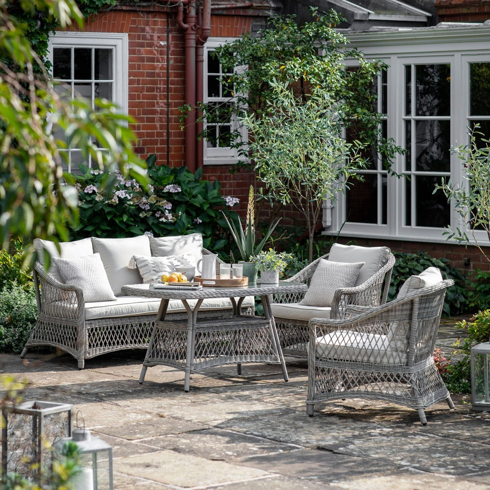 Product photograph of Gallery Outdoor Lincoln Country 5 Seater Sofa Dining Tea Set In Stone from Olivia's.