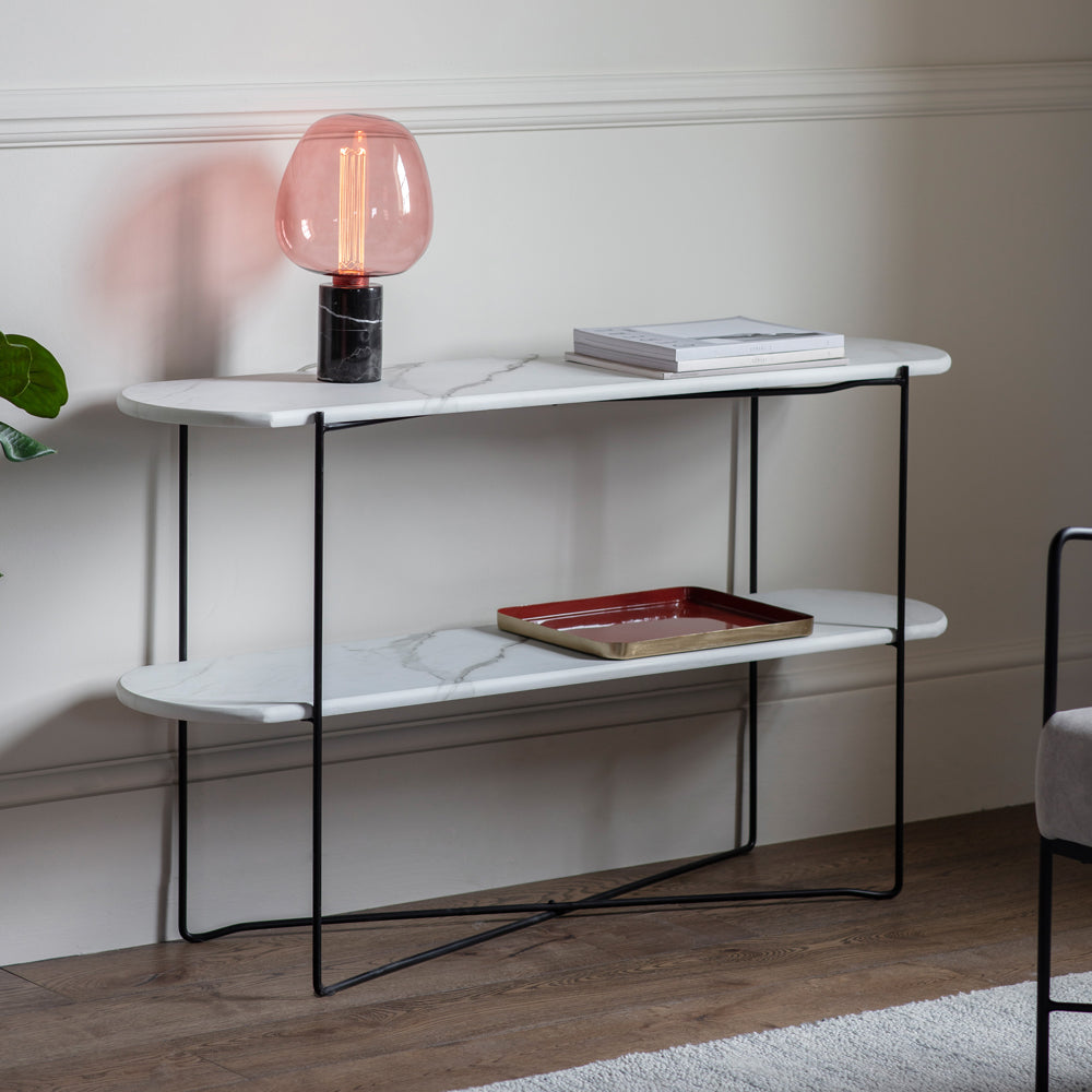 Product photograph of Gallery Interiors Linford Console Table In White Marble from Olivia's.