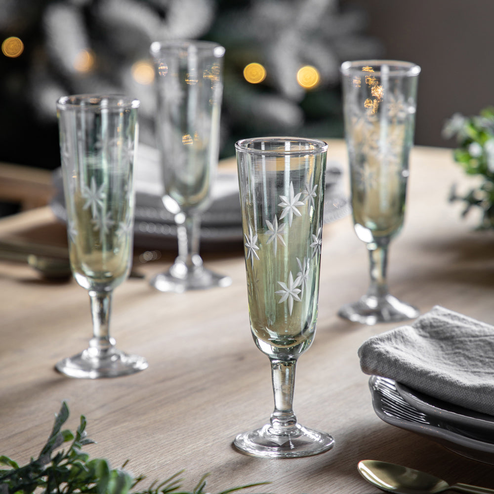 Product photograph of Gallery Interiors Starry Set Of 4 Flute Green Lustre Glasses from Olivia's