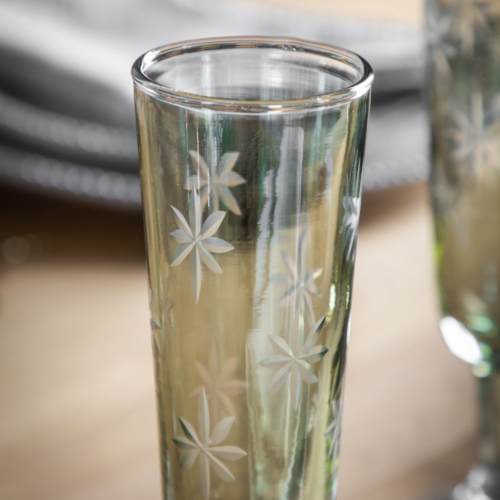 Product photograph of Gallery Interiors Starry Set Of 4 Flute Green Lustre Glasses from Olivia's.