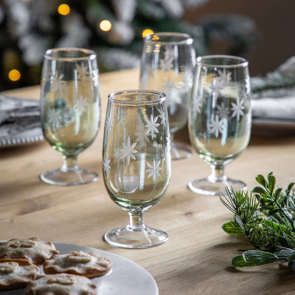 Product photograph of Gallery Interiors Starry Set Of 4 Footed Tumbler Green Lustre Glasses from Olivia's