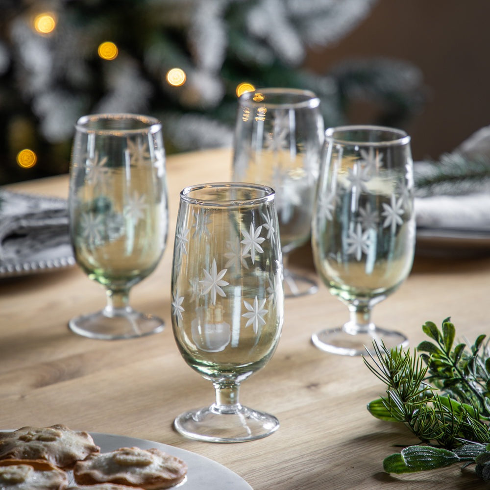 Product photograph of Gallery Interiors Starry Set Of 4 Footed Tumbler Green Lustre Glasses from Olivia's.