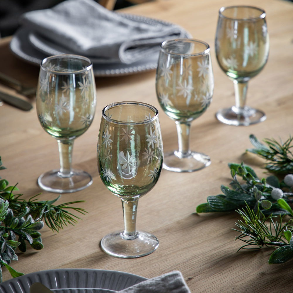 Gallery Interiors Starry Set Of 4 Wine Glass Green Lustre Glasses