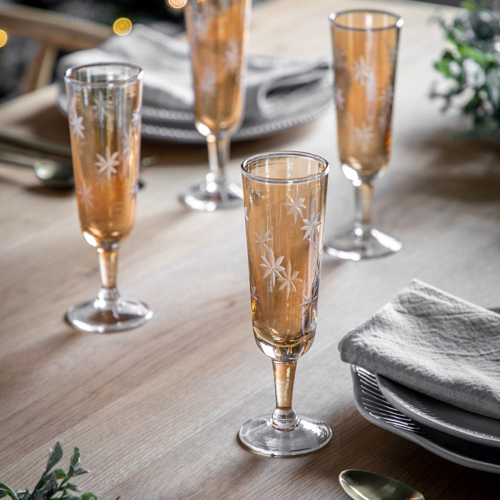Product photograph of Gallery Interiors Starry Set Of 4 Flute Gold Lustre Glasses from Olivia's